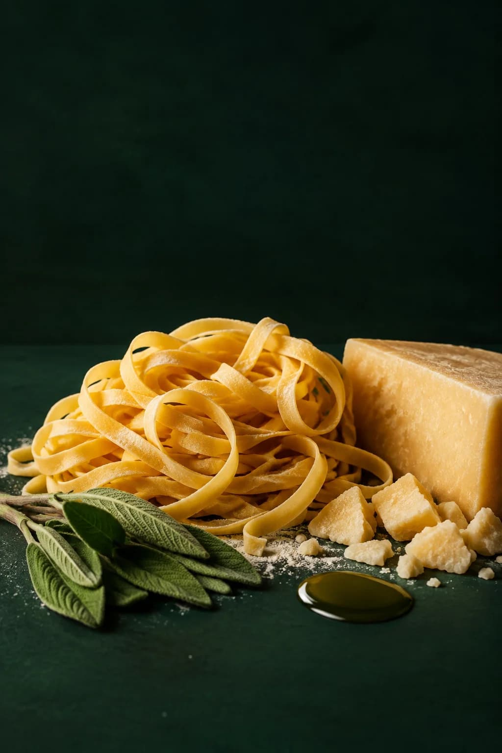 Frische Pasta, Parmesan und Salbei auf tiefgrüner Fläche.